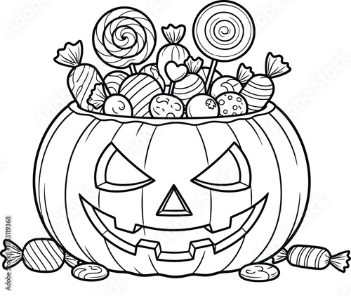 Spooky Halloween pumpkin overflowing with tempting candy, perfect for coloring books and seasonal promotions with its friendly yet eerie charm
