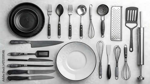 Collection of kitchen utensils and cutlery arranged on a surface