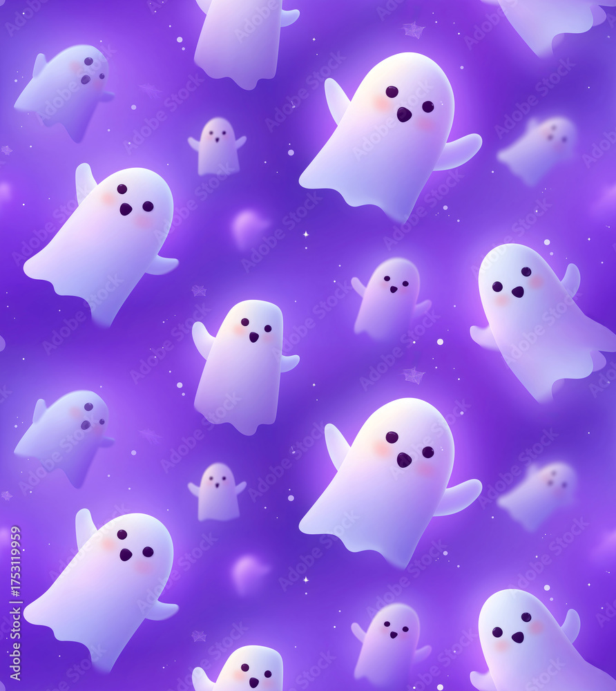 Fototapeta premium A seamless pattern of cute cartoon ghosts on a purple background. Whimsical Halloween character design. Repeating tileable wallpaper