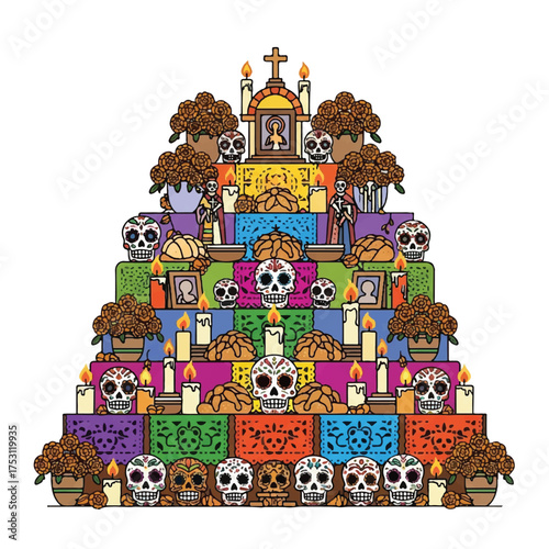 Vibrant colorful pyramid altar for Day of the Dead with skulls, candles, and offerings on a white background.