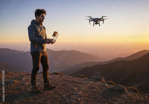 Young man operating a drone with a remote control on a mountain peak during a scenic golden hour sunset