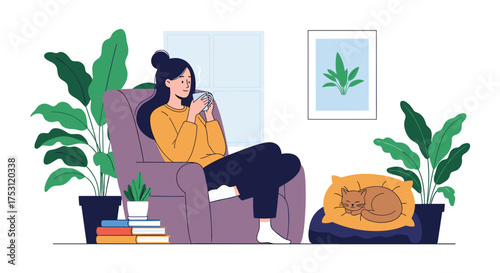 A woman relaxing in a comfortable chair with a cup of tea and her cat nearby.