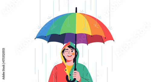 A person holding a rainbow umbrella and wearing a colorful raincoat during a rain shower.