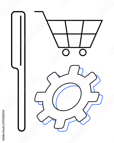 Gear, magnifying glass, and shopping cart objects symbolize search, customization, e-commerce, system optimization, teamwork, online business strategies and automation. Ideal for technology