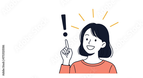 A woman pointing her finger up with an exclamation mark above her head indicating an idea or insight.