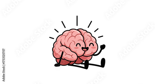 A happy cartoon brain with arms and legs sits and waves excitedly.