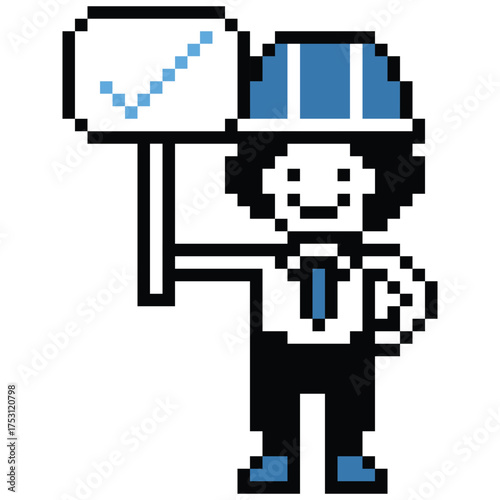 Cartoon pixel 8 bit character engineer man worker industry warehouse fix decoration 8 bit male boy male engineer construction storage safety vector.