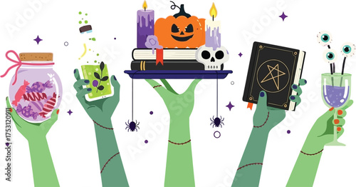 Zombie hands serve spooky treats and potions for a fun Halloween party, a bewitching season perfect for themed invitations and eerie decorations