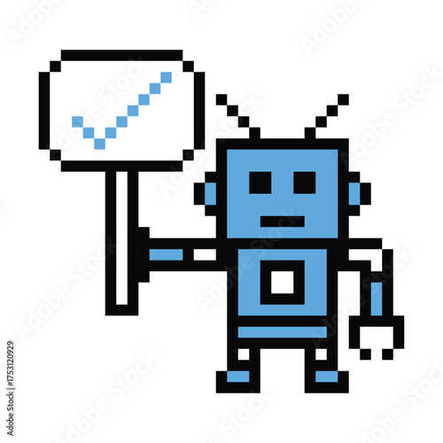 Cartoon pixel art of humanoid robot or ai learning robotic chat bot machine business vector character automation background 8 bit artificial intelligence concept.