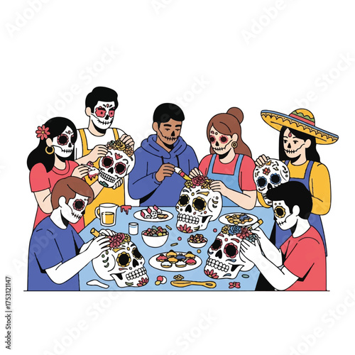 Group of people wearing sugar skull face paint sitting around a table decorating their own skulls with colorful candy and icing.