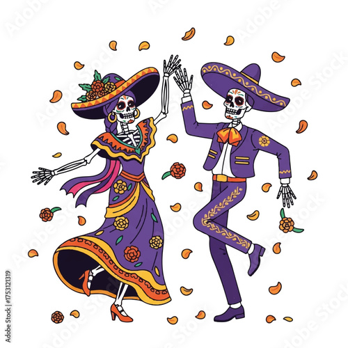 Colorful illustration of a dancing skeleton couple in purple costumes with orange and yellow details, surrounded by flower petals on a white background.