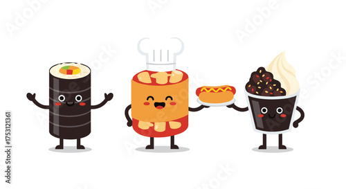 A cheerful sushi roll a chef holding a hot dog and a sweet dessert character.