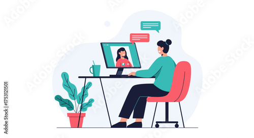 A person is participating in a video conference call from home with a colleague.