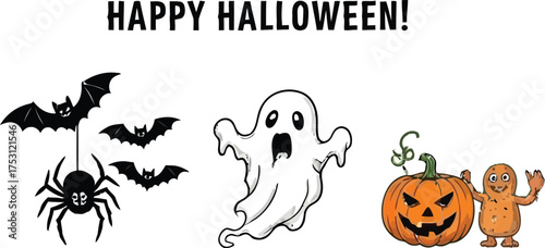Spooky fun Halloween crossword puzzle activity with bats, spiderwebs, a ghost, and a pumpkin monster for a kid's party game or brain teaser