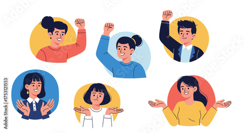 Diverse group of people with different expressions and gestures representing unity and diversity in the workplace.