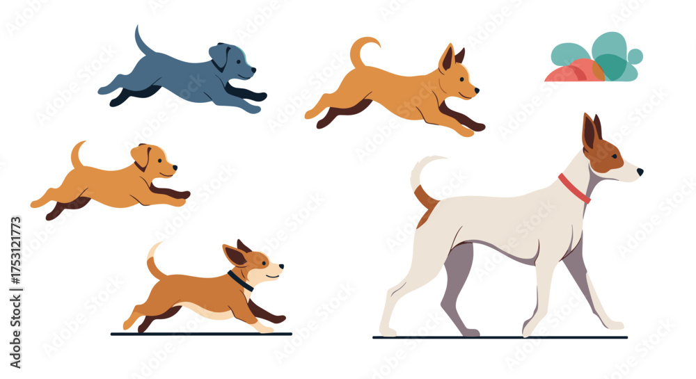 Obraz premium Collection of five dogs of different breeds and sizes running and playing outdoors.