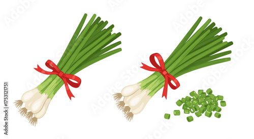 Fresh green onions with chopped pieces and red ribbon on white background.