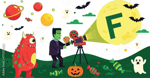 Spooky Halloween movie night with friendly monster, Frankenstein, ghosts, bats, pumpkin, candy, and vintage film projector under the moonlight