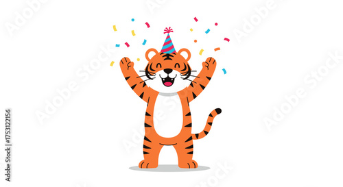 A happy tiger wearing a party hat celebrates with confetti.
