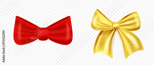 Vector illustration of glossy satin red and gold bows. Perfect for festive gift wrapping, Christmas and New Year decoration, elegant holiday design and celebration graphi