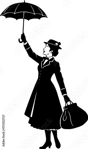Mary poppins silhouette. A vintage silhouette of a woman holding an umbrella and bag, symbolizing Mary Poppins, nanny figure, and classic character. Vector clipart illustration design