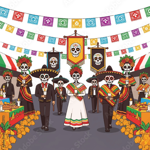 Illustration of a lively Mexican Day of the Dead celebration with people wearing colorful costumes and skull makeup, surrounded by marigolds and papel picado banners.