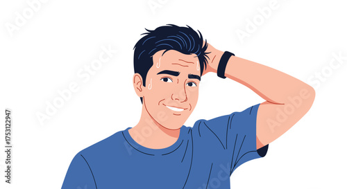 A handsome young man scratching his head with a thoughtful expression.