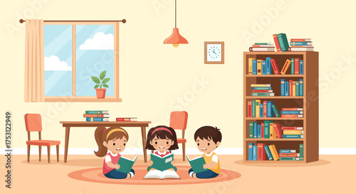 Children happily reading books together in a cozy room filled with books.