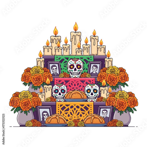 Digital illustration of a colorful Day of the Dead altar with sugar skulls, flowers, and photographs on a white background.