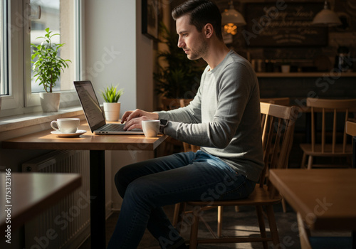 A Young Man Working on His Laptop in a Coffee Shop