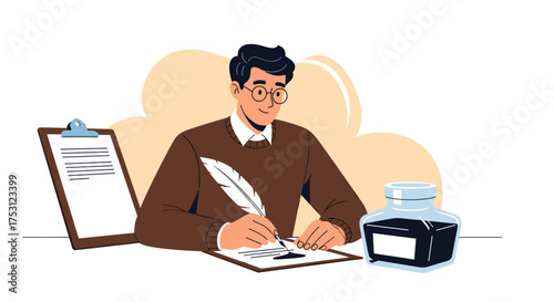 A person writing with a quill pen and inkwell on a desk.