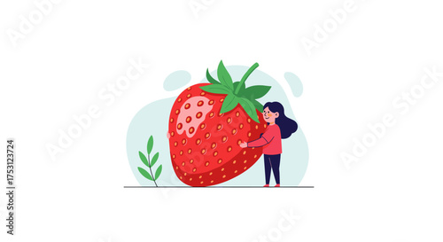 A person hugs a very large strawberry illustration.