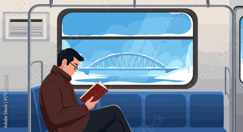 A man reads a book on a train during a winter journey across a snowy landscape.