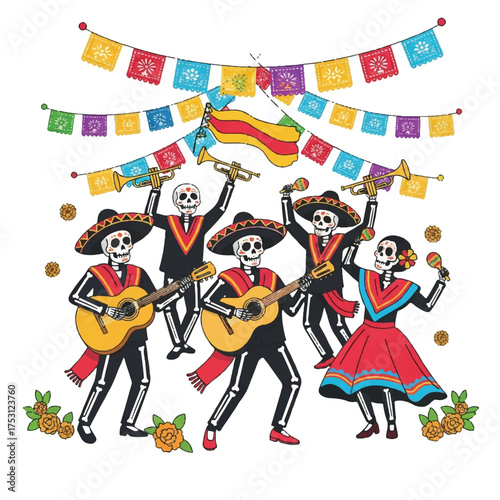 Colorful illustration of skeletons in traditional Mexican attire playing guitars and dancing under festive flags and confetti on a white background with vibrant Latin American celebration