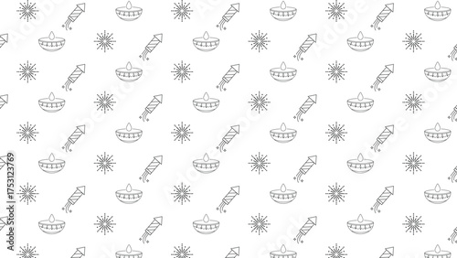 Diwali Seamless Pattern Background, Happy Deepavali Festival Background with line-art pattern texture with diyas, fireworks rockets, and starburst sparklers. Vector Illustration