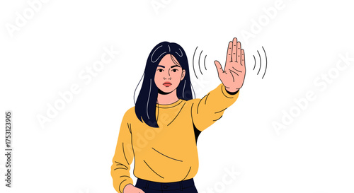 Woman holding up hand to stop an unwanted situation or interaction.