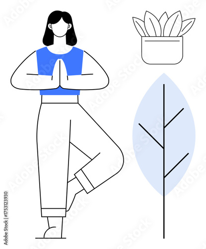 Woman balancing in yoga tree pose with hands in prayer, surrounded by a stylized plant and succulent. Ideal for fitness, mindfulness, relaxation, balance, yoga, wellness holistic lifestyle. Simple