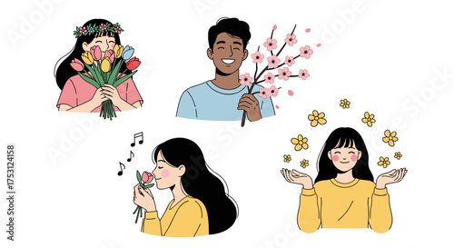 Happy people enjoying the beauty of flowers and springtime with delightful floral arrangements and nature's vibrant colors.