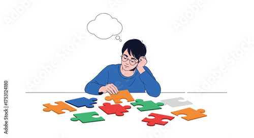 A young boy contemplating how to assemble scattered puzzle pieces to form a complete picture.