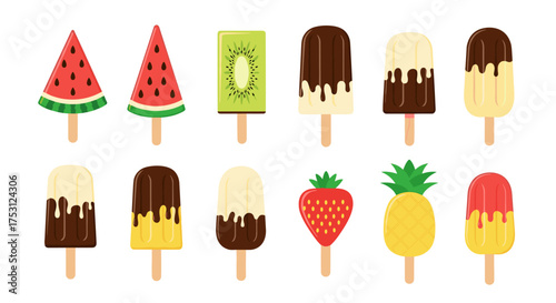 A vibrant collection of frozen fruit treats on sticks perfect for a hot summer day.