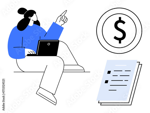 Woman using laptop, gesturing with hand toward dollar sign, near document stack. Ideal for finance, business strategy, budgeting, online work, savings workplace planning productivity. Simple flat
