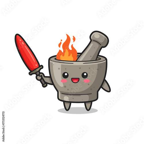 A cheerful cartoon mortar and pestle, with a fiery interior, brandishing a vibrant red sword.