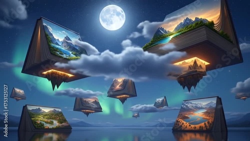 Surreal floating books revealing miniature nature landscapes under moonlight sky with glowing clouds and reflections. Fantasy concept