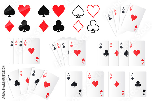 Vector set of ace card suits, playing card symbols, aces, and card suit icons. Concept for gambling, poker, and other games. Element for your design.