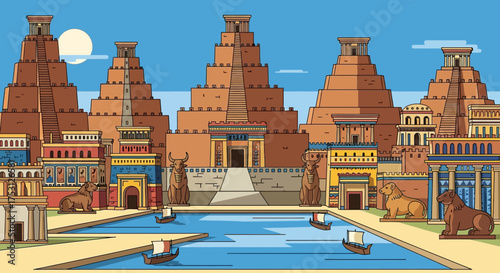 Ancient Mesopotamian City with Ziggurats and Waterways Illustration.