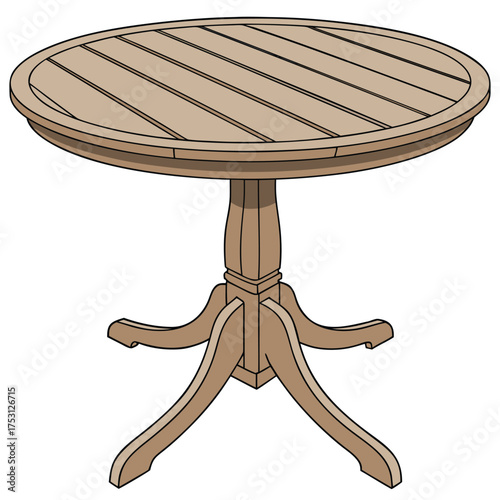 A round wooden table is shown with a slatted top and a pedestal base. The central column branches into four curved legs, and the light brown wood gives it a traditional, sturdy appearance.