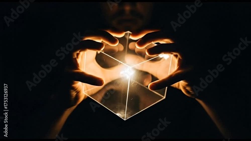 Hands holding glowing transparent cube emitting bright light in dark atmosphere. Innovation concept