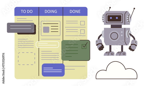 Robot next to Kanban board with TO DO, DOING, DONE columns, task cards. Ideal for workflow management, productivity, team collaboration, RPA, AI innovation cloud technology simple flat metaphor