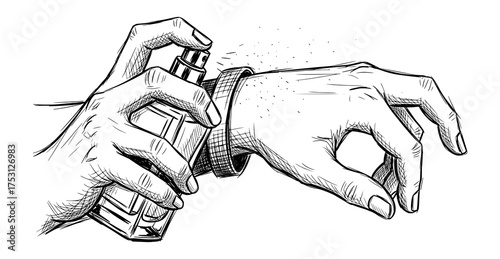 Hand Spraying Perfume on Wrist in Black and White Sketch. Vector Illustration for Self-Care Concept.