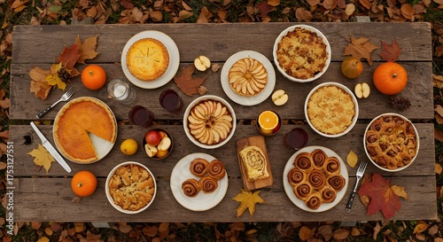 Mesa de picnic con postres y tartas de otoño